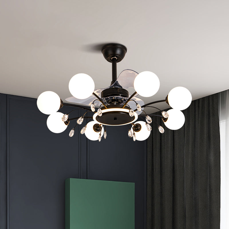 3 Blades Ball Wohnzimmer Anhänger Lüfter Leicht weißes Glas Postmoderne Fernbedienung Halbblütiglicht mit K9 -Kristallen