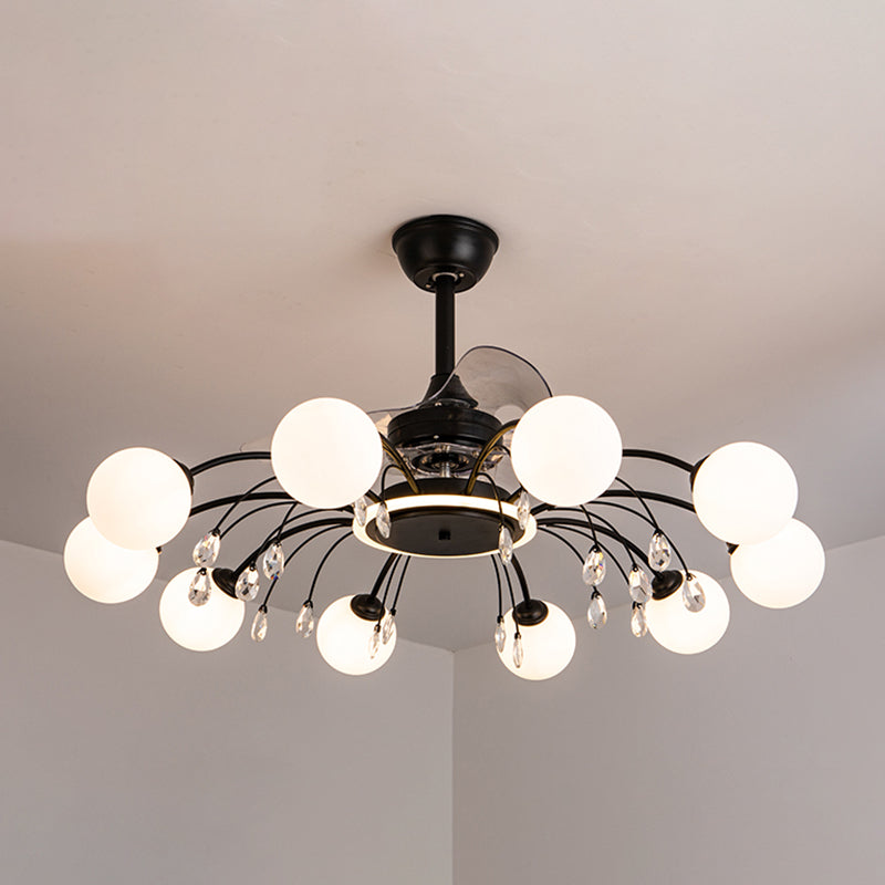 3 Blades Ball Wohnzimmer Anhänger Lüfter Leicht weißes Glas Postmoderne Fernbedienung Halbblütiglicht mit K9 -Kristallen