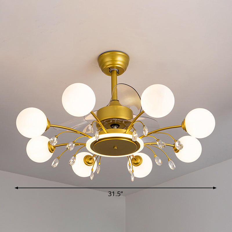 3 Blades Ball Wohnzimmer Anhänger Lüfter Leicht weißes Glas Postmoderne Fernbedienung Halbblütiglicht mit K9 -Kristallen