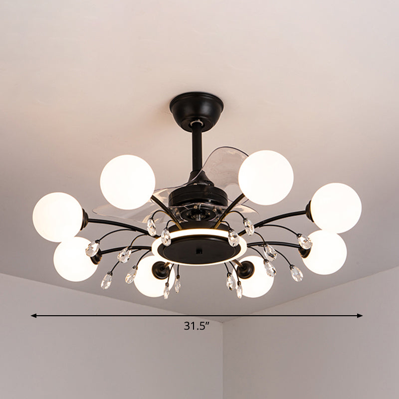 3 Blades Ball Wohnzimmer Anhänger Lüfter Leicht weißes Glas Postmoderne Fernbedienung Halbblütiglicht mit K9 -Kristallen