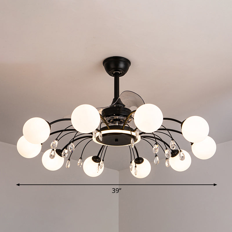 3 Blades Ball Wohnzimmer Anhänger Lüfter Leicht weißes Glas Postmoderne Fernbedienung Halbblütiglicht mit K9 -Kristallen