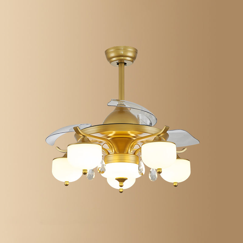 Postmodern Dome 3-Blade Ceiling Fan Lighting Fixture Milk Glass Living Room Semi-Flush Mount Light in Brass with Remote