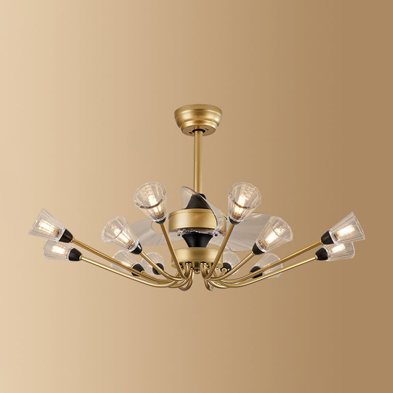 Prismatische Kristallkegel halb Flush Mount Kronleuchter postmoderner Messing 3-Blade-Hängende Lüfterlicht mit Fernbedienung