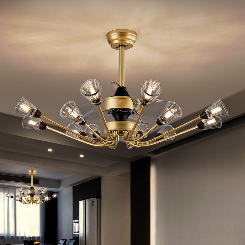 Prismatische Kristallkegel halb Flush Mount Kronleuchter postmoderner Messing 3-Blade-Hängende Lüfterlicht mit Fernbedienung