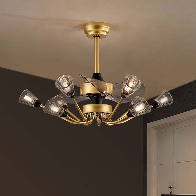 Prismatische Kristallkegel halb Flush Mount Kronleuchter postmoderner Messing 3-Blade-Hängende Lüfterlicht mit Fernbedienung