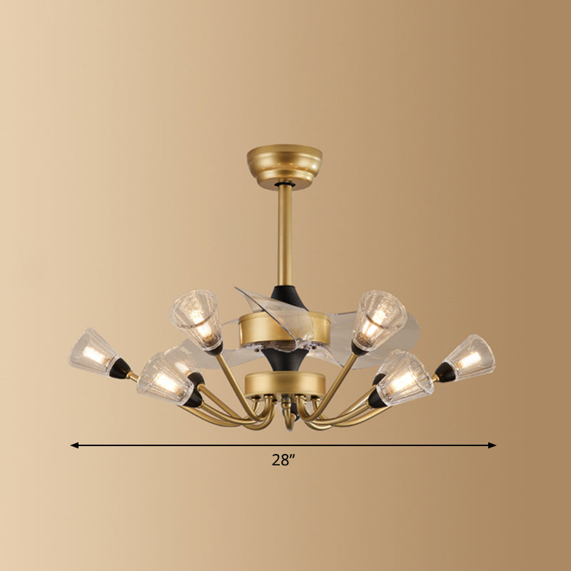 Prismatische Kristallkegel halb Flush Mount Kronleuchter postmoderner Messing 3-Blade-Hängende Lüfterlicht mit Fernbedienung
