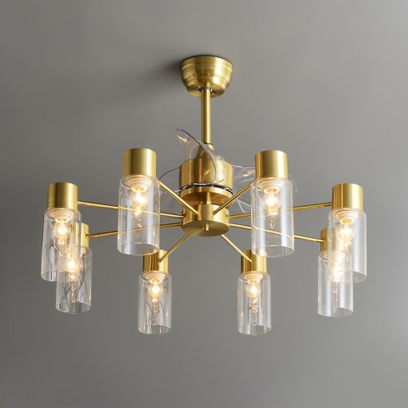 Tubular Clear Glass Hanging Fan Light Minimalistic 3 Blades Brass Semi Flush Mount with Remote, 35.5" Wide