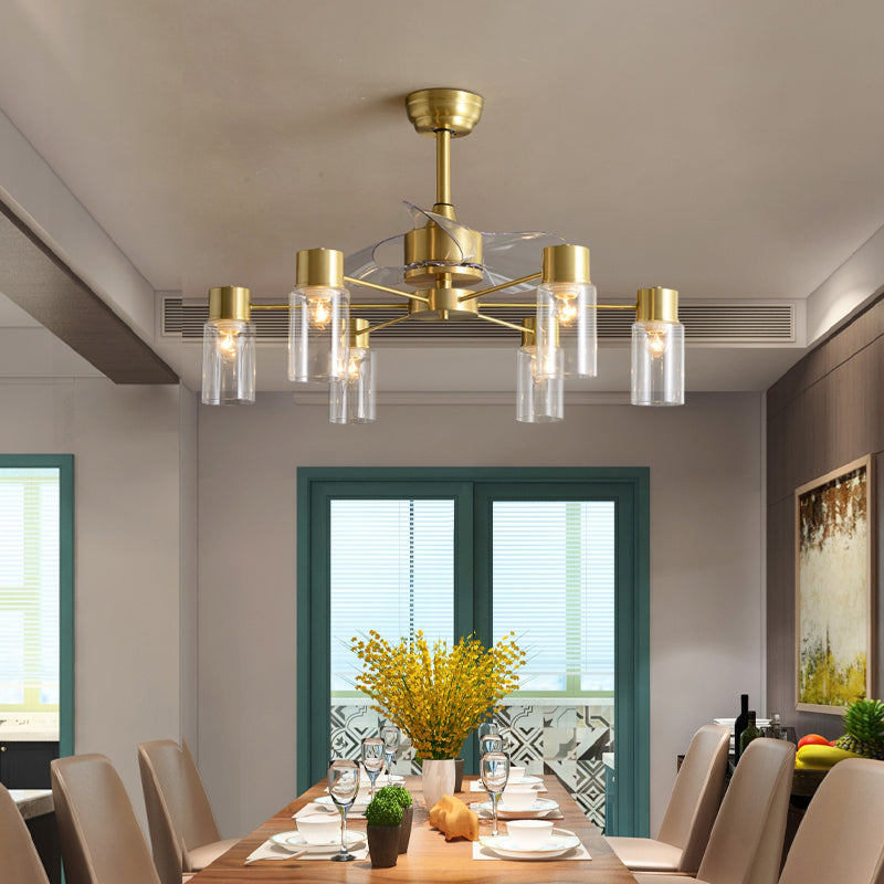 Tubular Clear Glass Hanging Fan Light Minimalistic 3 Blades Brass Semi Flush Mount with Remote, 35.5" Wide