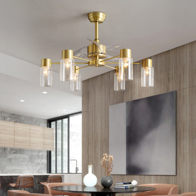 Tubular Clear Glass Hanging Fan Light Minimalistic 3 Blades Brass Semi Flush Mount with Remote, 35.5" Wide
