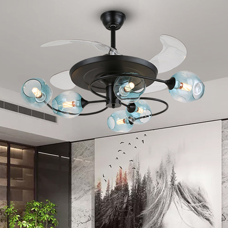 4 Blades Schlafzimmer Hanging Lüfter Lampe Postmoderne Fernbedienung Halbflush Mount Light mit Tasse Glasschatten, 42 Zoll breit