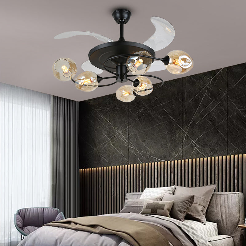 4 Blades Schlafzimmer Hanging Lüfter Lampe Postmoderne Fernbedienung Halbflush Mount Light mit Tasse Glasschatten, 42 Zoll breit