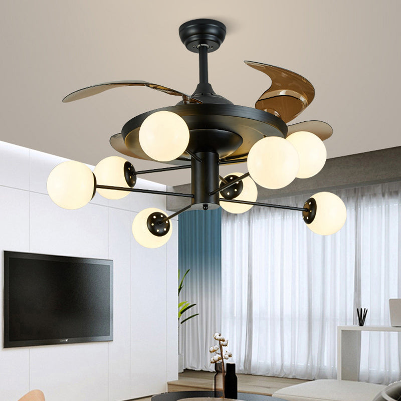 4-Blade-Sputnik Deckenlüfter Lampe Modern Opal Glass Wohnzimmer Halbblüzleuchte in Schwarz mit Fernbedienung