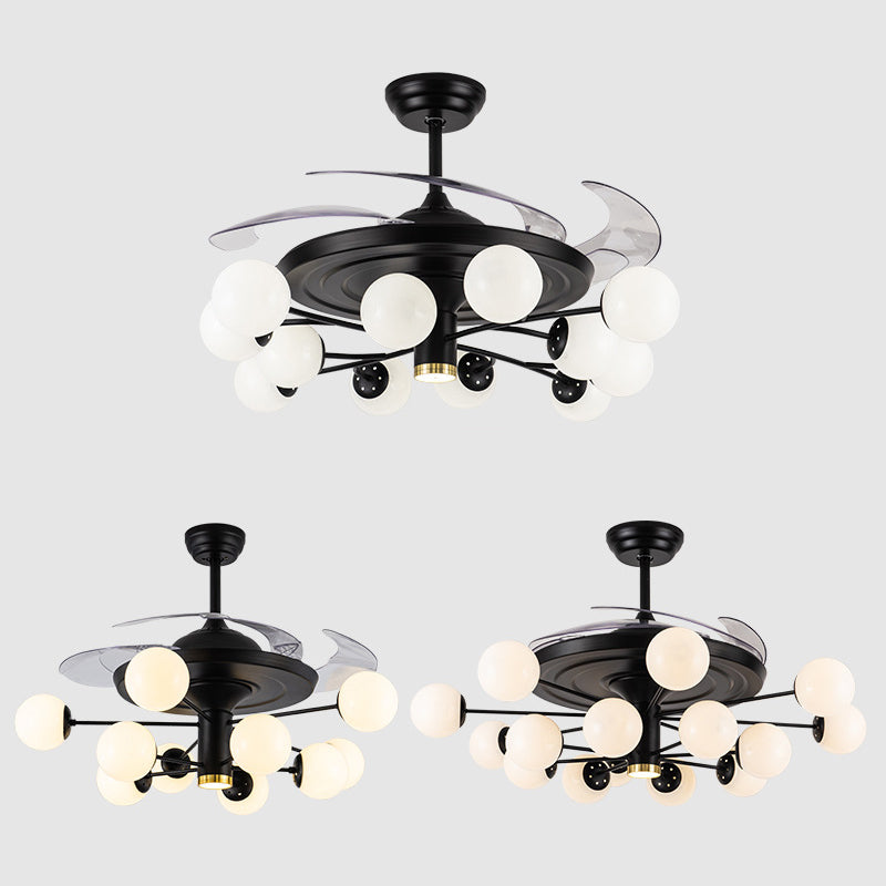 Kugelhaltige Lüfterleuchte minimalistische Cremeglas Black Semi Flush Mount mit 4 Klingen und Fernbedienung