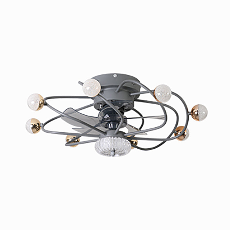 27,5 "W 5 Blades Nordic LED Semi Flush Light Ball Cage Fernbedienung Hanging Lüfter Licht mit Metallschatten
