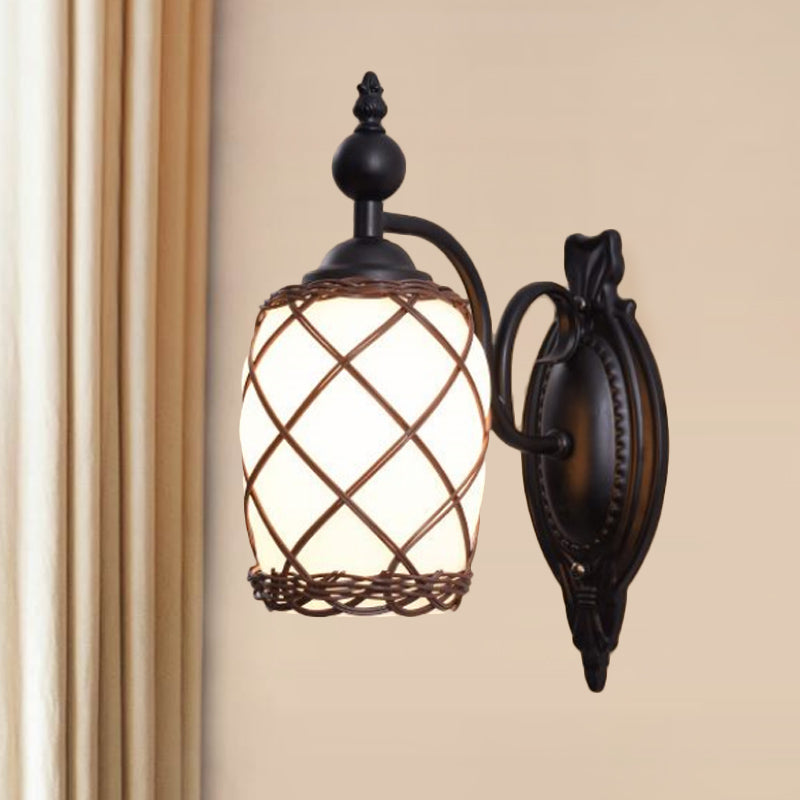 Cylinder Cream Glass Wall Light Fixture Traditional 1 Light Bedroom Wall Lamp with Bamboo-Woven Shade in Black