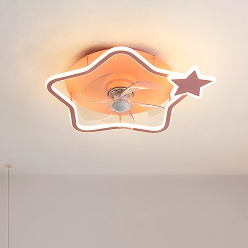 Loop Shaped Aluminum Fan Lighting Cartoon Pink Semi Flush Mounted Ceiling LED Light with Remote Control