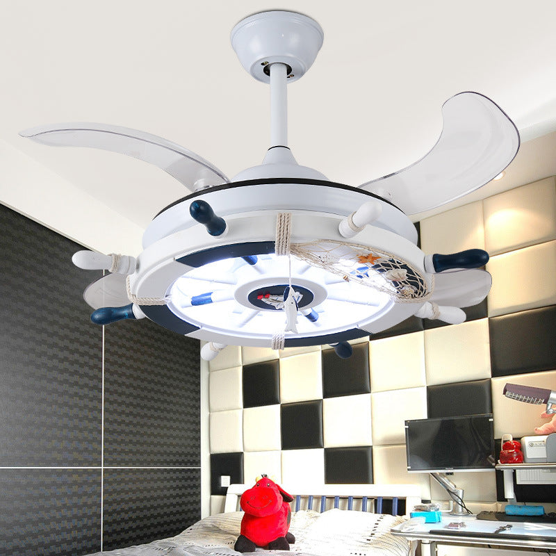 Weißer Ruder 4-Blade-Anhänger Lüfter Licht Kinderstil Metal LED Semi Flush Mount Lampe mit Fernbedienung, 42 Zoll breit