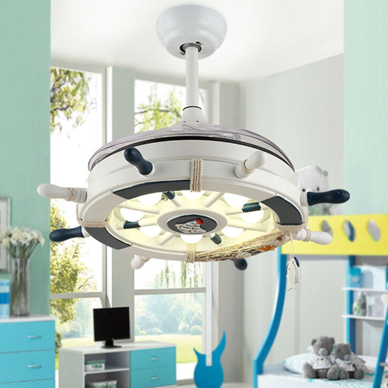 Weißer Ruder 4-Blade-Anhänger Lüfter Licht Kinderstil Metal LED Semi Flush Mount Lampe mit Fernbedienung, 42 Zoll breit