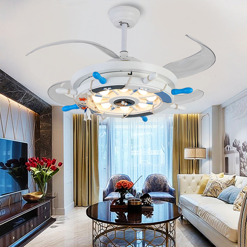 42 "breit kreatives Ruder Semi Flush Leuchte Metallkinder Raum 4 Klingen LED Hanging Lüfter Licht in Weiß