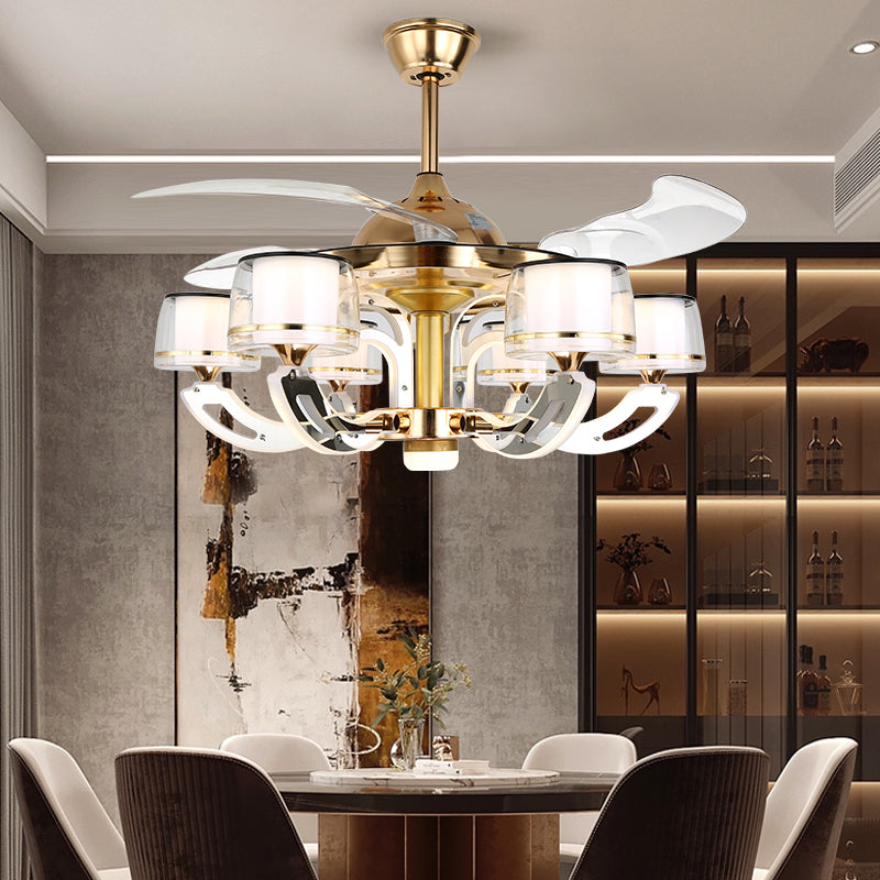 42" Wide Curved Arm LED Semi Flush Chandelier Modern Luxe Metal Living Room Ceiling Fan Lamp with 3-Blade and Remote