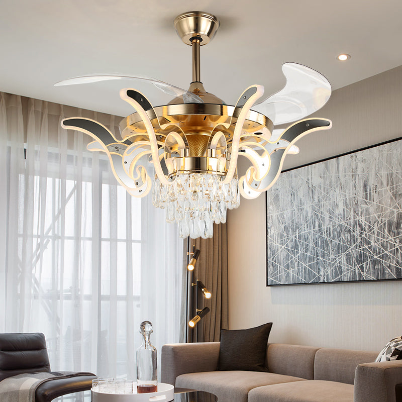 42" Wide Curved Arm LED Semi Flush Chandelier Modern Luxe Metal Living Room Ceiling Fan Lamp with 3-Blade and Remote