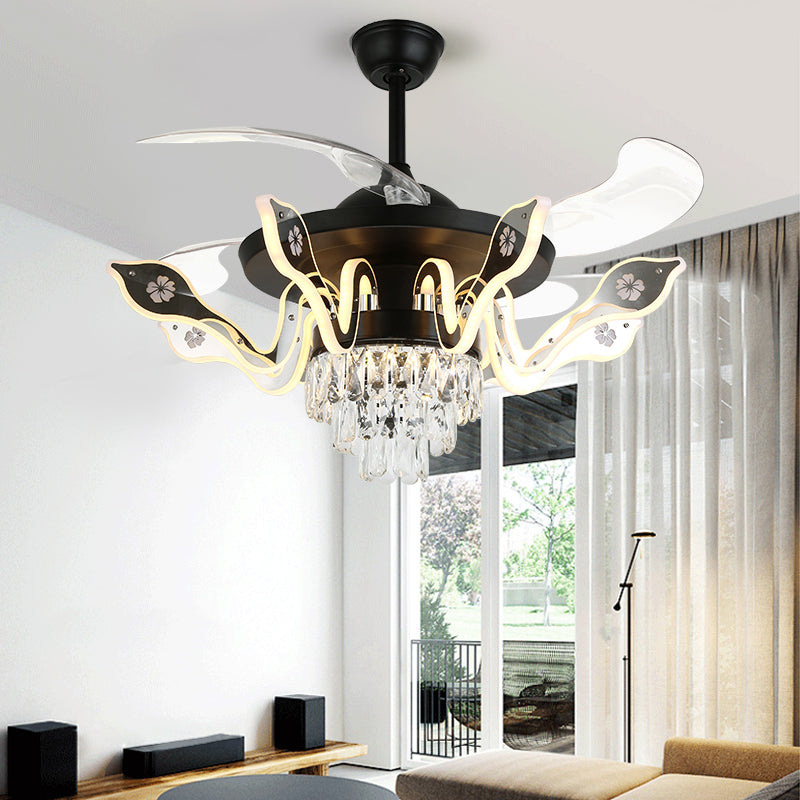 42" Wide Curved Arm LED Semi Flush Chandelier Modern Luxe Metal Living Room Ceiling Fan Lamp with 3-Blade and Remote