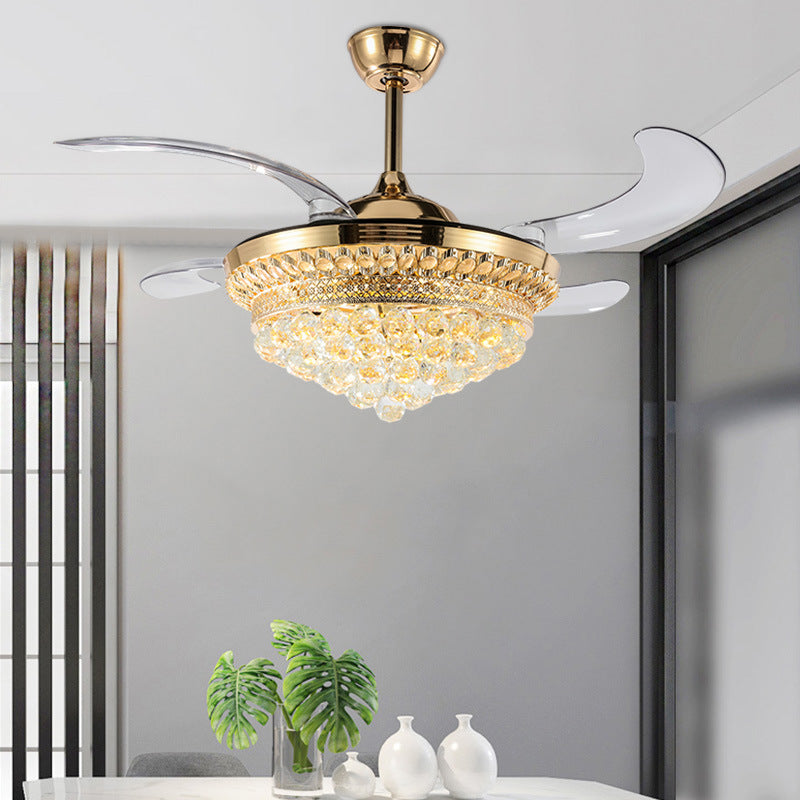 Verjüngter Kristall 4 Blades Anhänger Lüfter Licht moderne stilvolle LED-Halbblus-Deckenleuchte für Wohnzimmer