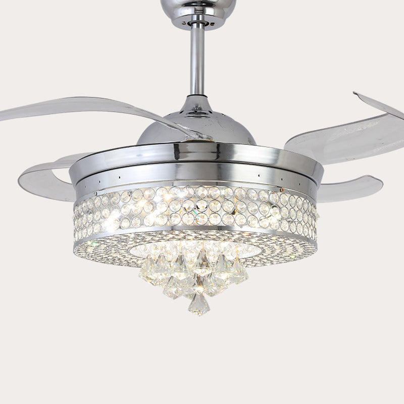 42 "W Chrom Round Hanging Lüfterlampe Minimalist abgeschrägtes Kristall -LED -Halbflush -Leuchte mit 4 Klingen