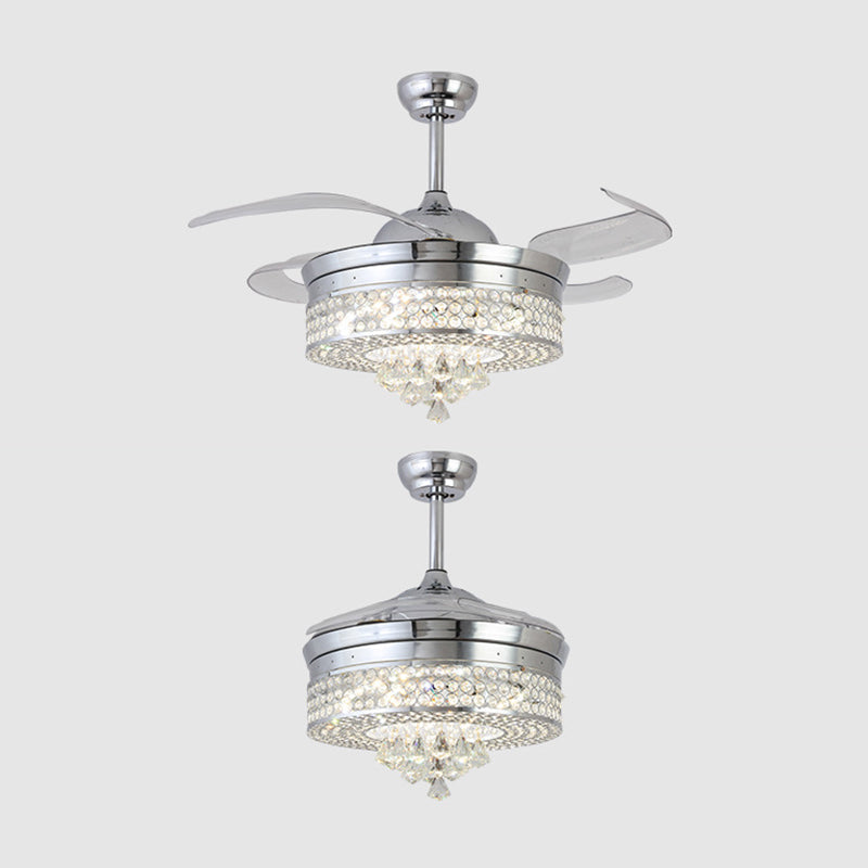 42 "W Chrom Round Hanging Lüfterlampe Minimalist abgeschrägtes Kristall -LED -Halbflush -Leuchte mit 4 Klingen
