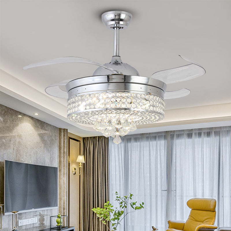 42 "W Chrom Round Hanging Lüfterlampe Minimalist abgeschrägtes Kristall -LED -Halbflush -Leuchte mit 4 Klingen