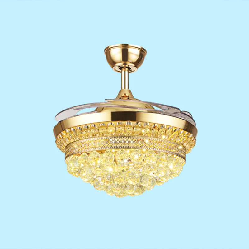Abgestufte Kristallkugel Semi Flush Mount Light Contemporary Gold 4-Blade LED Hanging Lüfterleuchte