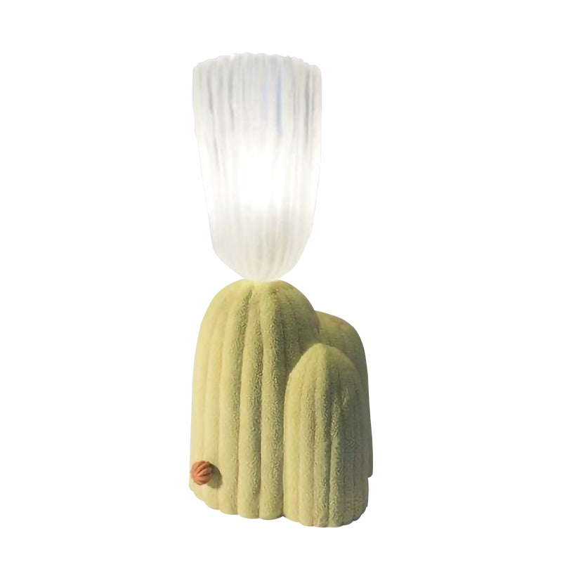 Resin Cactus Table Lamp Artistry 1-Light Nightstand Light with Floral Ribbed Glass Shade