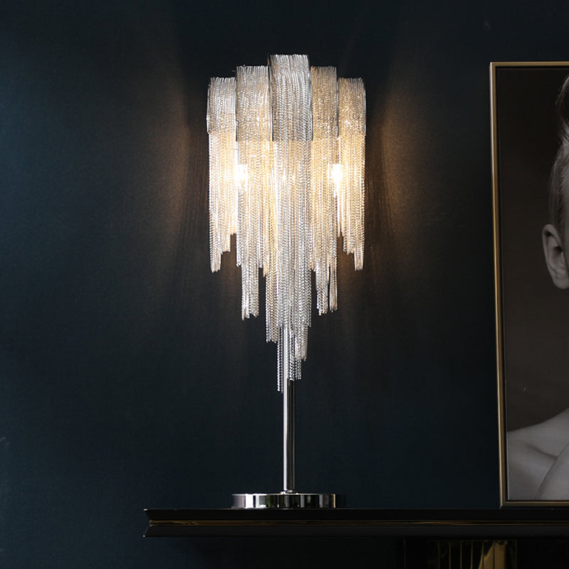 Hand-Woven Aluminum Chain Tassel Table Light Designer 2-Light Silver Accent Lamp for Living Room