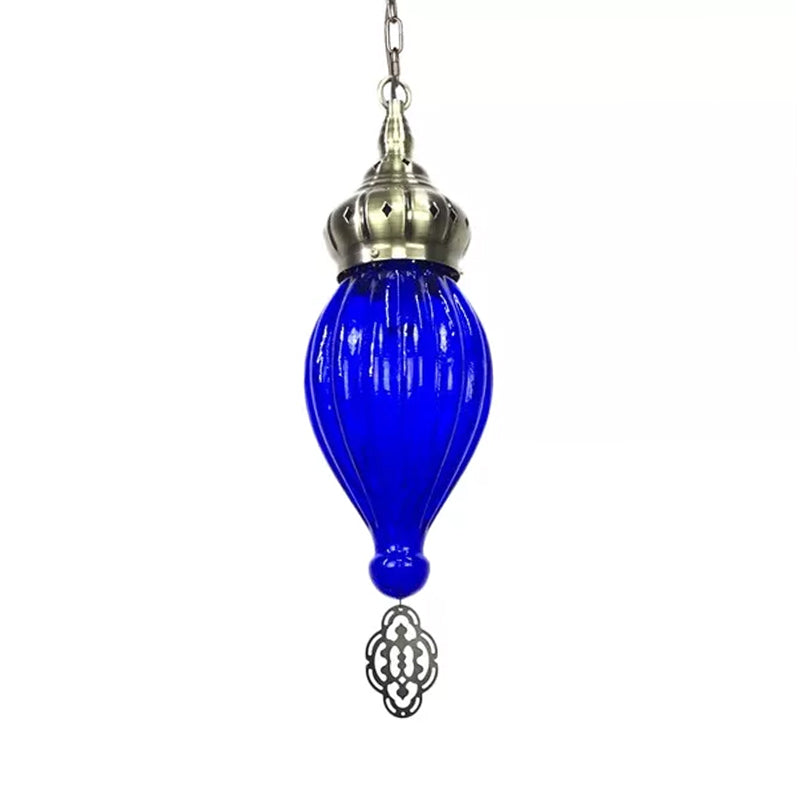 Traditional Droplet Hanging Lamp Blue/Green/Taupe Ribbed Glass 1/4 Bulbs Suspension Light for Bedroom