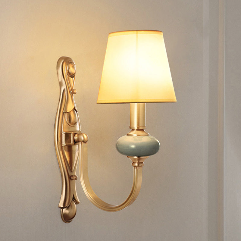 Fabric Brass Wall Sconce Tapered Shade 1 Light Vintage Wall Mount Light Fixture for Living Room