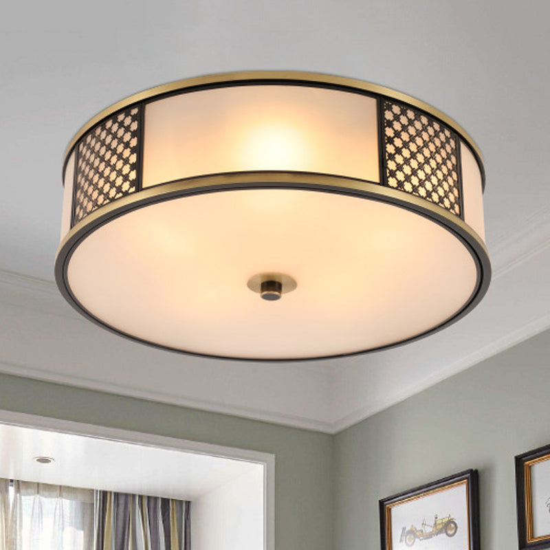 Messing Drum Flush Mount Verlichting Traditioneel Wit Glas 5 Lampen Woonkamer Plafond Lamp, 16 "/19.5" W