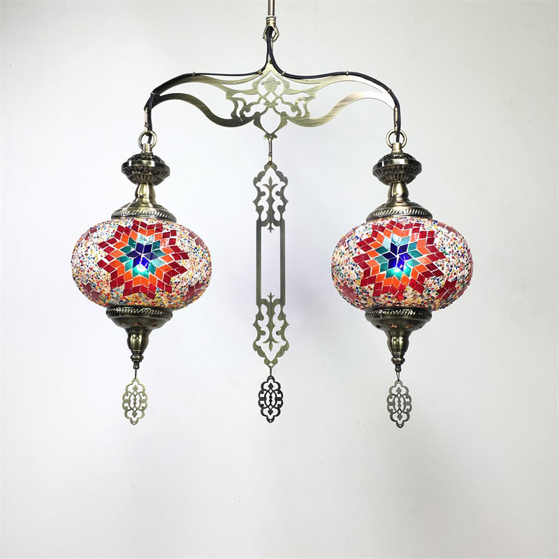 Global Chandelier Lamp Traditional 2 Heads Red/Blue Glass Ceiling Pendant Light for Hallway
