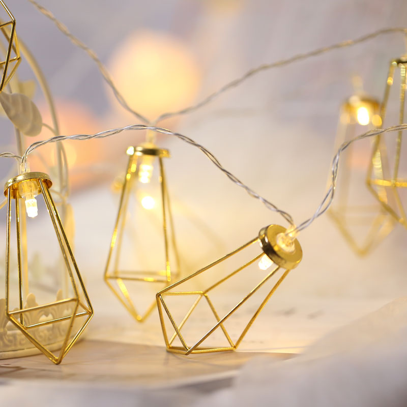 Geometric Cage Iron LED Fairy Lamp Artistic Gold Battery Powered String Light for Girls Bedroom