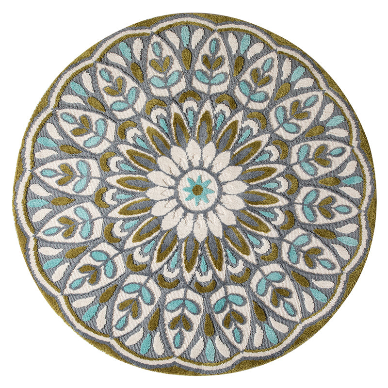 Green-Blue Bedroom Rug Moroccan Floral Printed Indoor Rug Super Fiber Non-Slip Pet Friendly Area Carpet