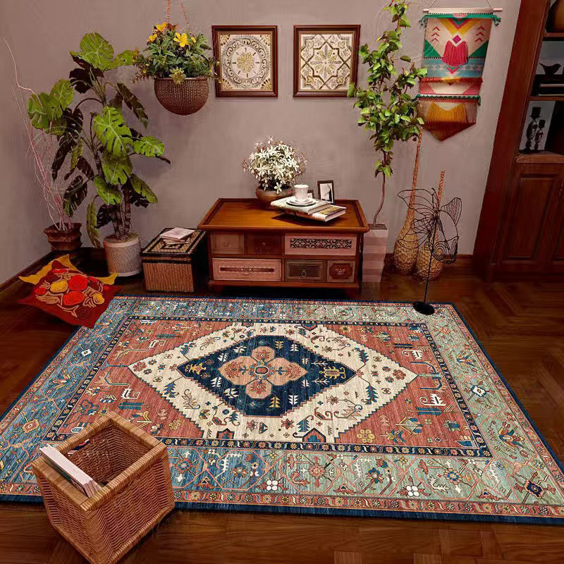 Multi Color Living Room Rug Persian Geometric Printed Indoor Rug Cotton Blend Anti-Slip Easy Care Area Carpet