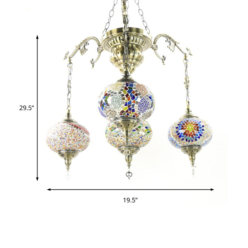 Traditional Lantern Hanging Chandelier Colorful Glass 4 Bulbs Suspension Light in Brass for Living Room