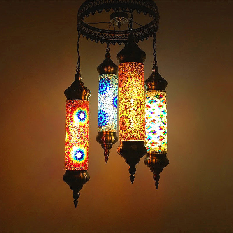 Cylindrical Chandelier Vintage Colorful Glass 4 Bulbs Bronze Pendant Light Fixture for Living Room