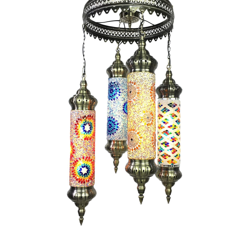Cylindrical Chandelier Vintage Colorful Glass 4 Bulbs Bronze Pendant Light Fixture for Living Room