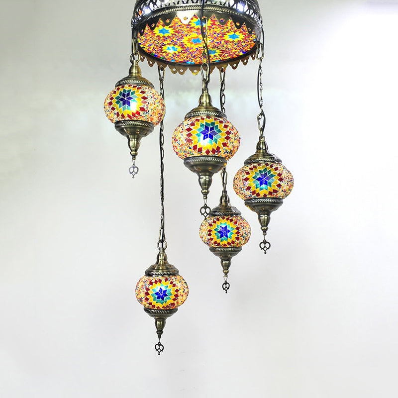 Ball Colorful Glass Hanging Chandelier Retro 6 Heads Bronze Ceiling Pendant Light for Restaurant