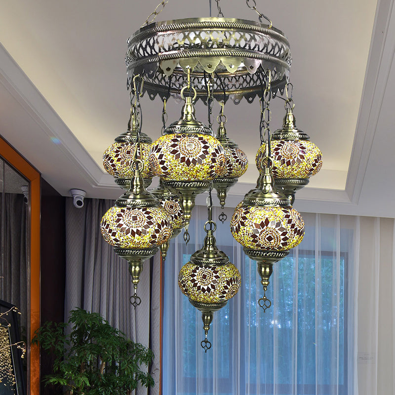 Vintage Lantern Chandelier Lamp White/Gold/Coffee Glass 9 Heads Pendant Lighting Fixture