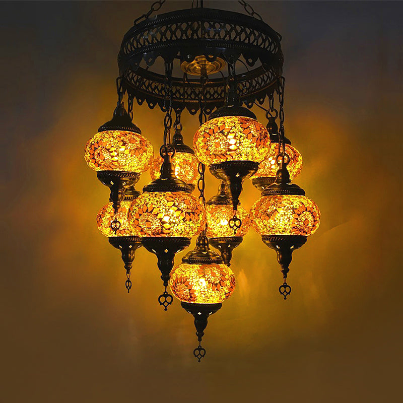 Vintage Lantern Chandelier Lamp White/Gold/Coffee Glass 9 Heads Pendant Lighting Fixture