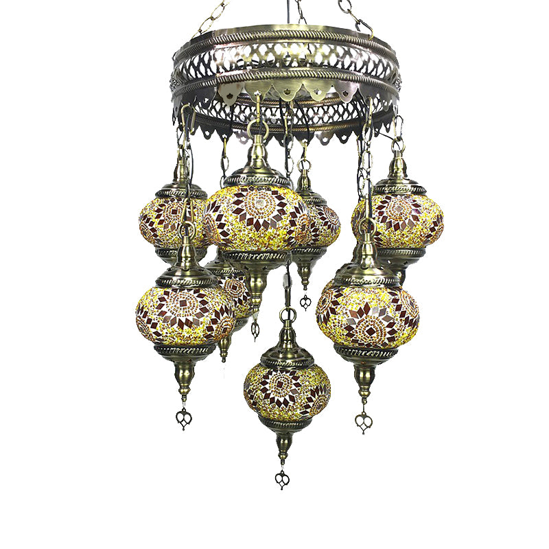 Vintage Lantern Chandelier Lamp White/Gold/Coffee Glass 9 Heads Pendant Lighting Fixture
