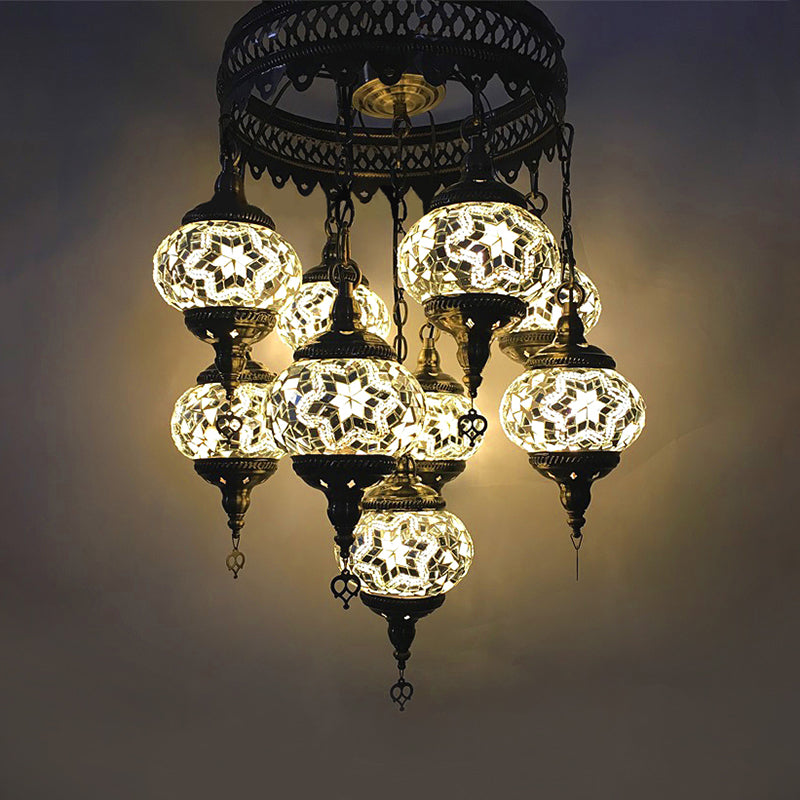 Vintage Lantern Chandelier Lamp White/Gold/Coffee Glass 9 Heads Pendant Lighting Fixture