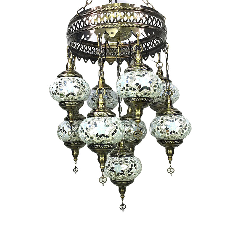 Vintage Lantern Chandelier Lamp White/Gold/Coffee Glass 9 Heads Pendant Lighting Fixture