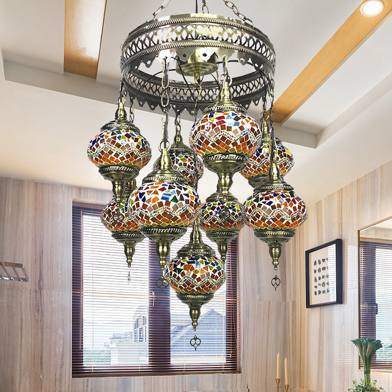 Kugel Kronleuchter leichter Retro Rot/Rosa/Orange/Wassermelone Rotglas 9 Köpfe Hängende Lampe für das Restaurant